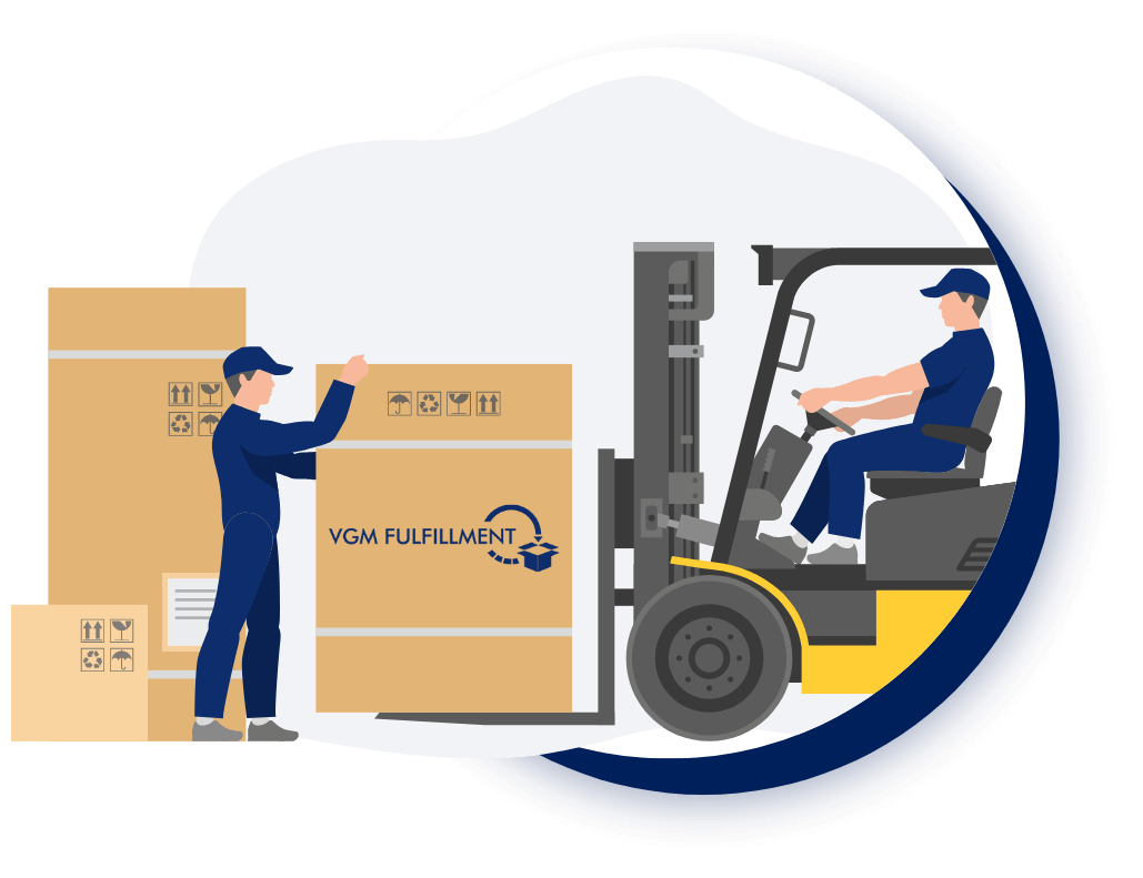 vector image of fulfillment team loading boxes on forklift with VGM Fulfillment logo